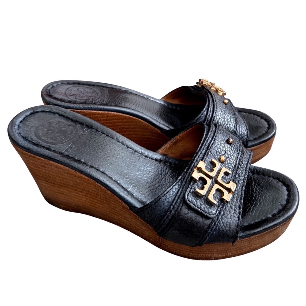 Tory Burch Black Leather Logo Wood Wedge Slide Sandals Gold Studs Size 6M